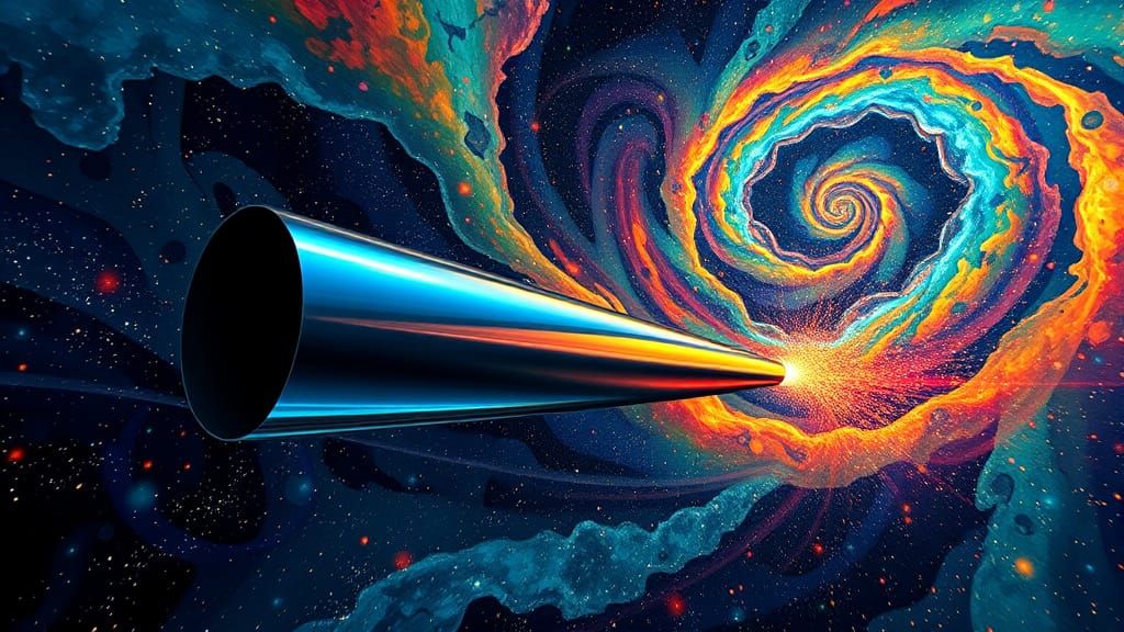 Cylinder Flies Through a Surrealist Cosmos as Oil Painting