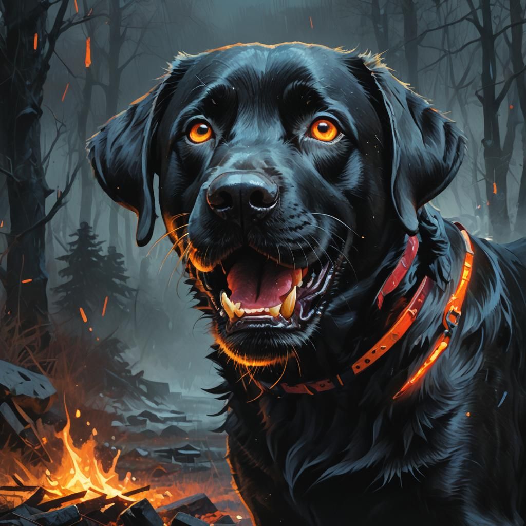 Black Labrador Snarling in Mystical Fantasy Art