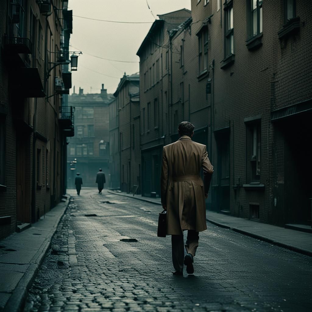 German Man in Tan Suit: Film Noir Cityscape