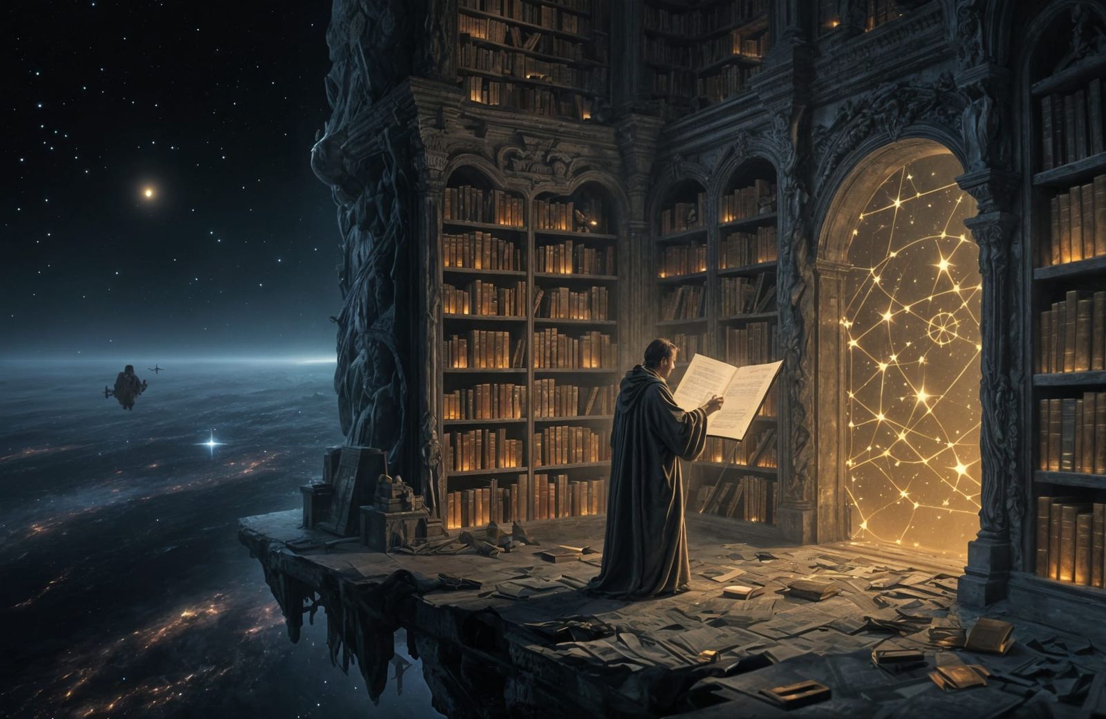 An ancient, forgotten library floats adrift in the cosmic vo...