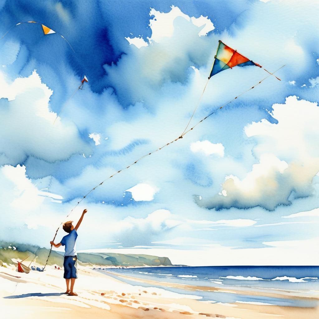 Watercolor Boy and Kite on Sunny Beach