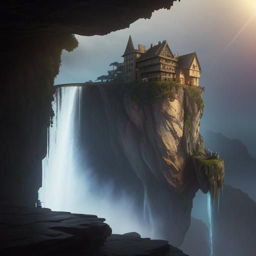 Cliffside House at Dusk: Surreal Digital Art