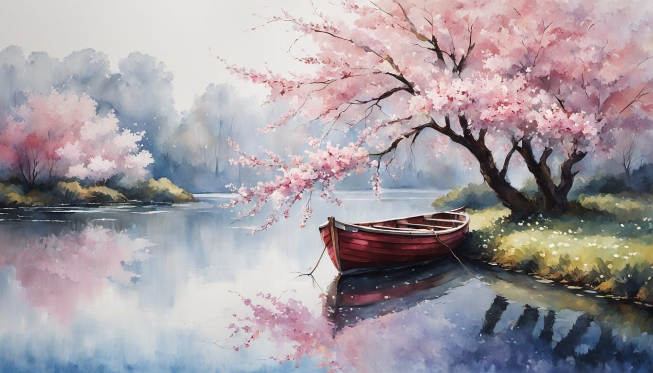Blossoming Cherry Tree Boat: Watercolour Dreamscape
