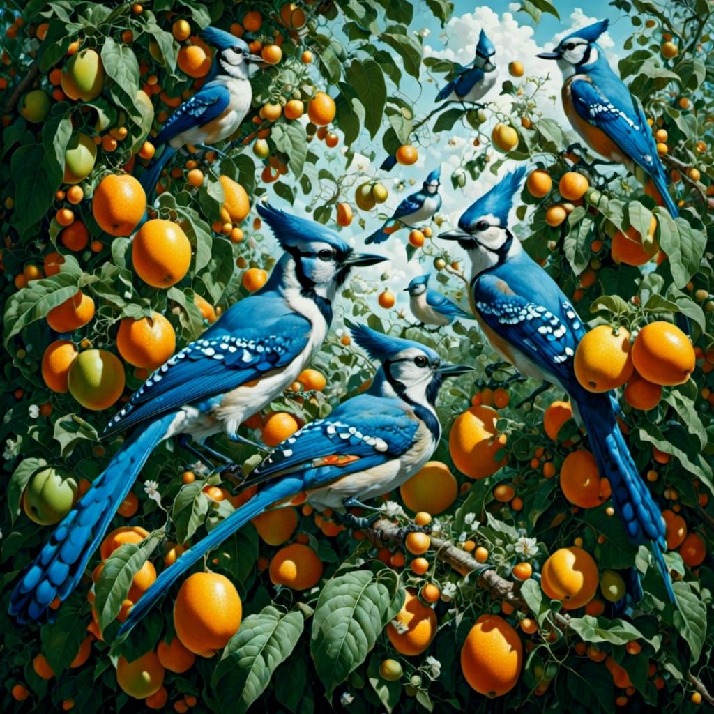 Blue Jays Feast: Surreal Bird Gathering