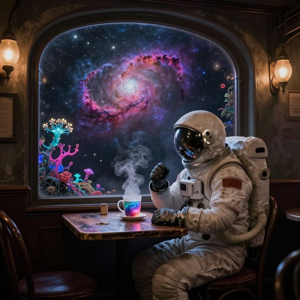 Astronaut in Retro Spacesuit at Alien Cafe