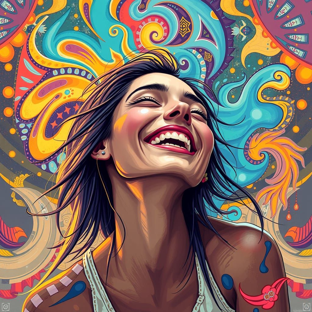Joyful Woman in Swirling Colors: Digital Illustration