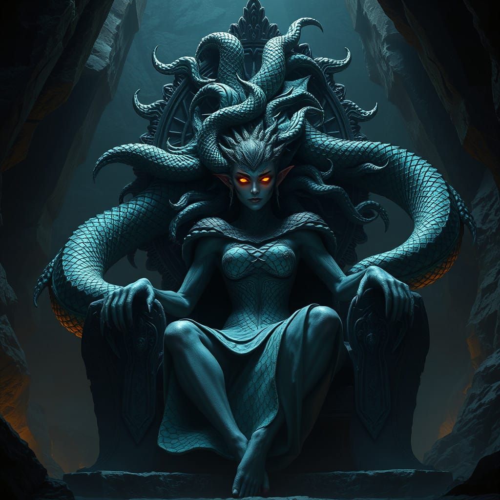 Regal Serpent Queen in a Shadowy Cavern