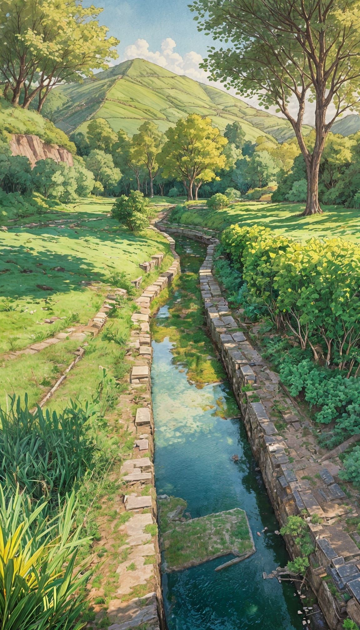 Anime Rural Landscape with Irrigation Canal