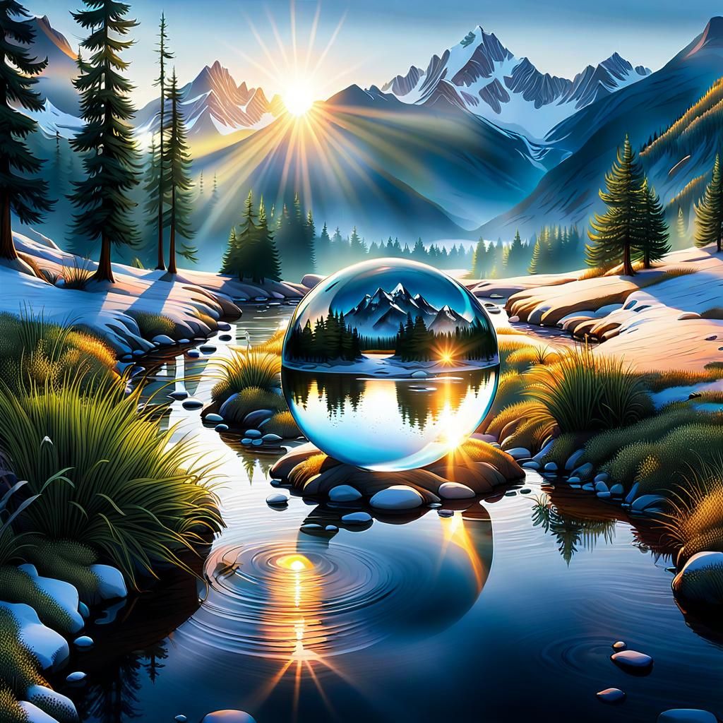 Mystical Orb Reflecting Sunrise Over Mountain Landscape
