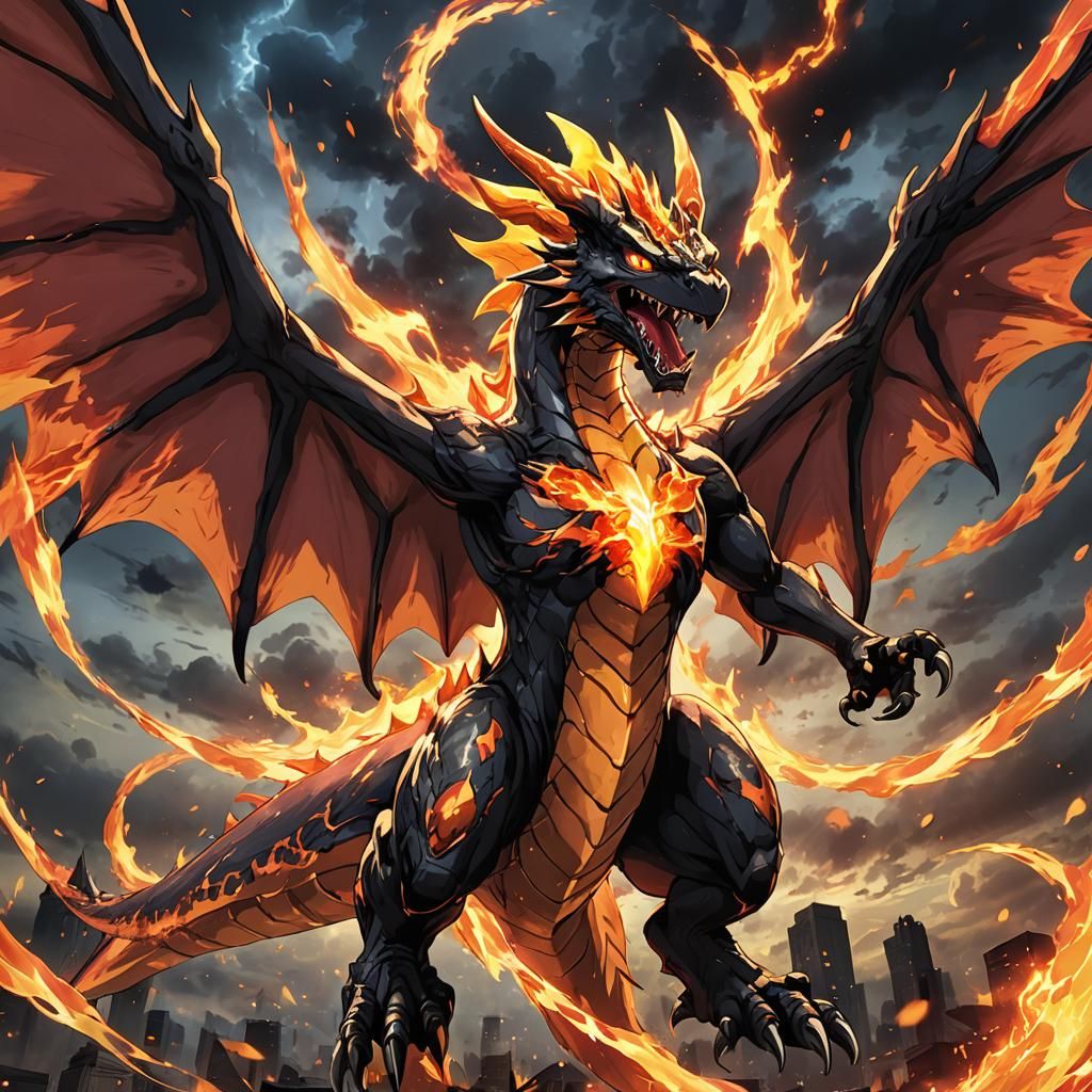 Demonic Seraphim Charizard in Cel-Shaded Anime Style