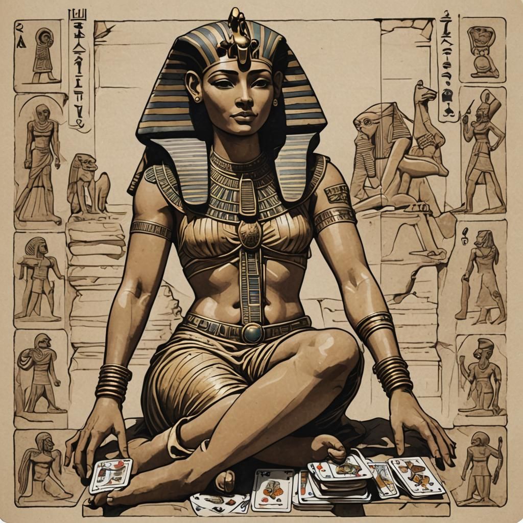 Egyptian Goddess Plays Cards with the Sphinx
