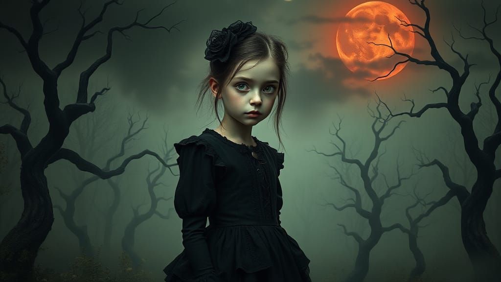 Gothic Woman in Gloomy Forest with Red Moon