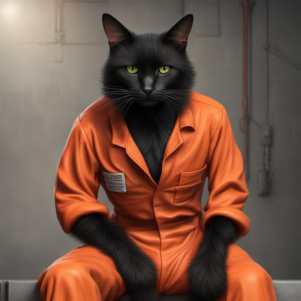 Humanoid Black Cat in Inmate Jumpsuit