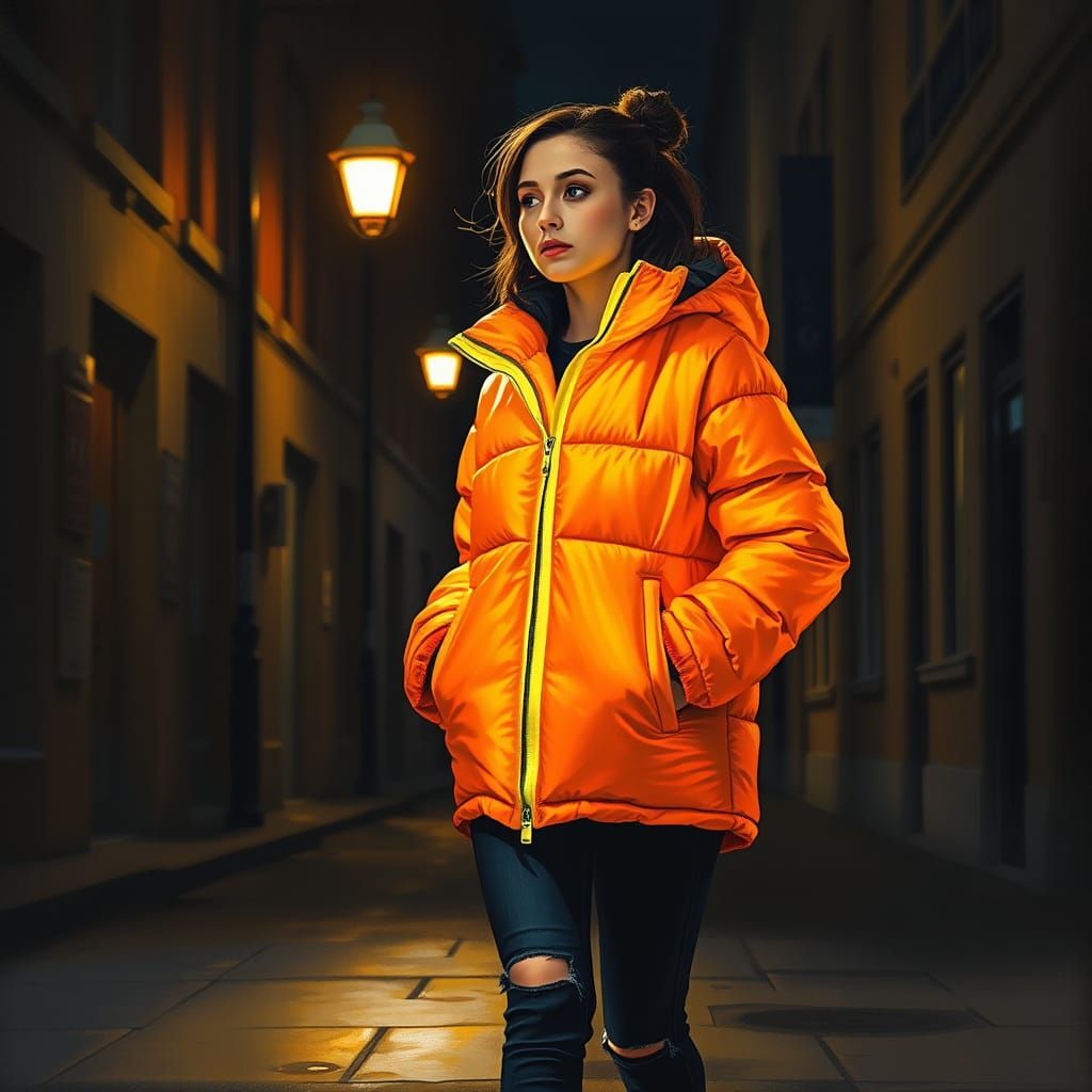 Woman in Orange Jacket Walking Down City Street