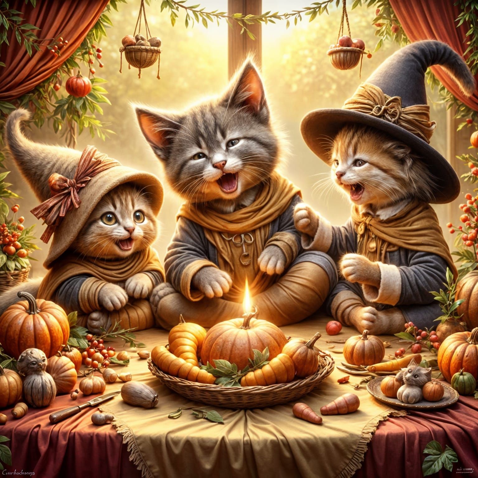 Cats in Pilgrim Outfits Celebrate Thanksgiving Feast