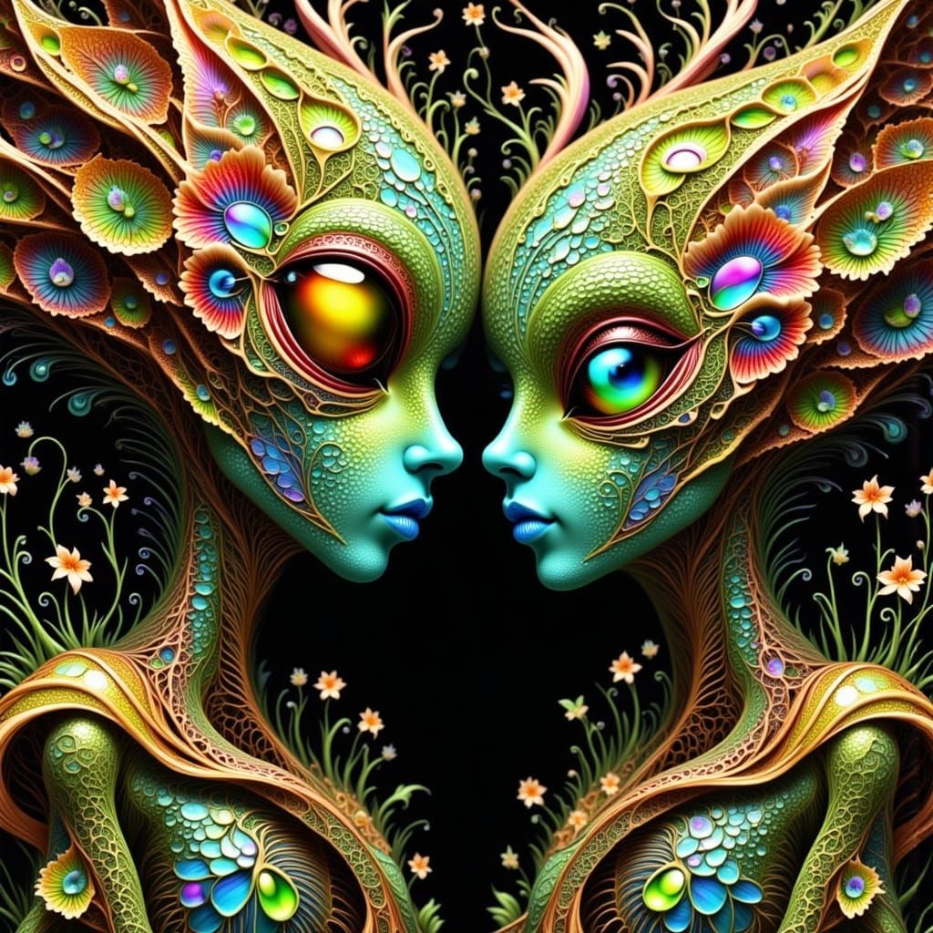 Alien Family Portrait in Surreal Mosaic Style