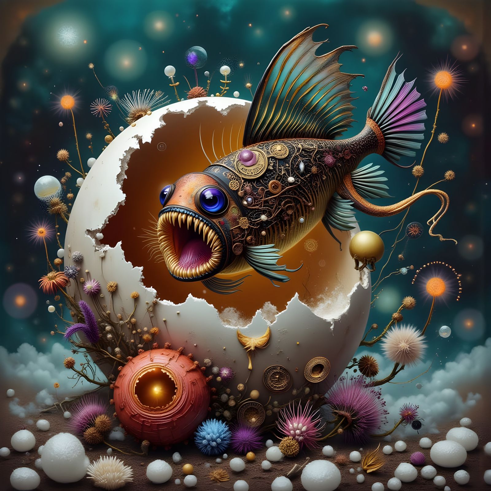 Steampunk Anglerfish Emerges from Cracked Eggshell Vortex