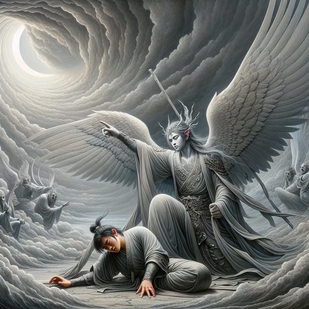 Celestial Shield: Ethereal Being Protects Asian Warrior