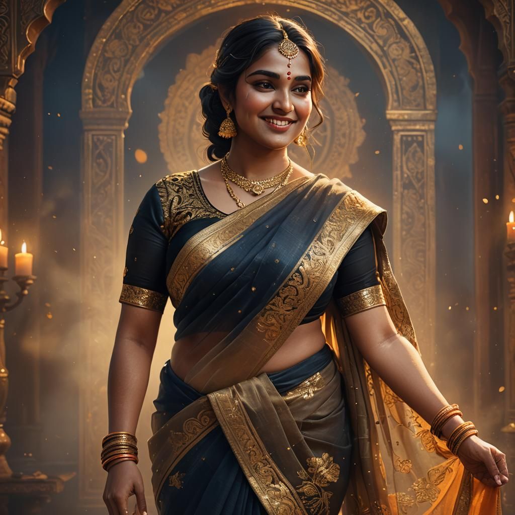 Ethereal Indian Woman in Golden Saree, Fantasy Art