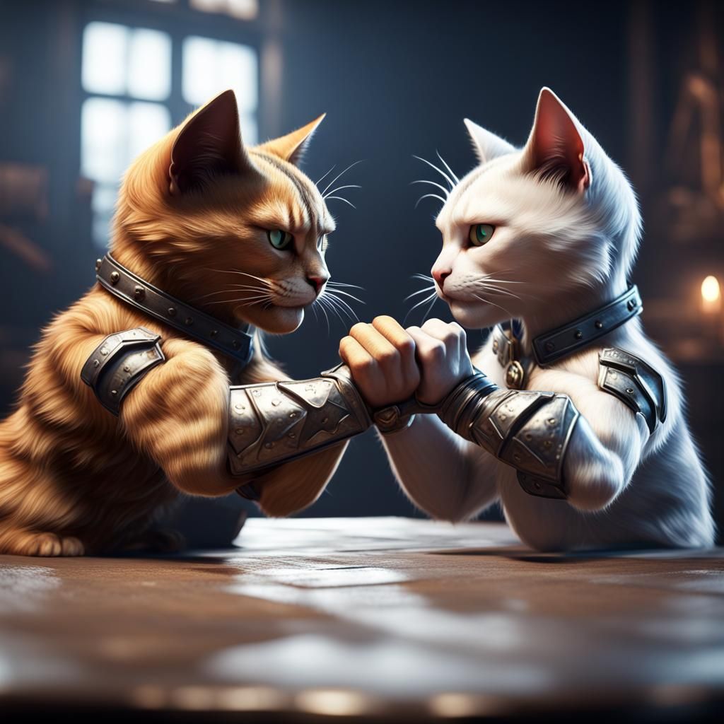 Cats Arm Wrestling in 3D Cinematic Style