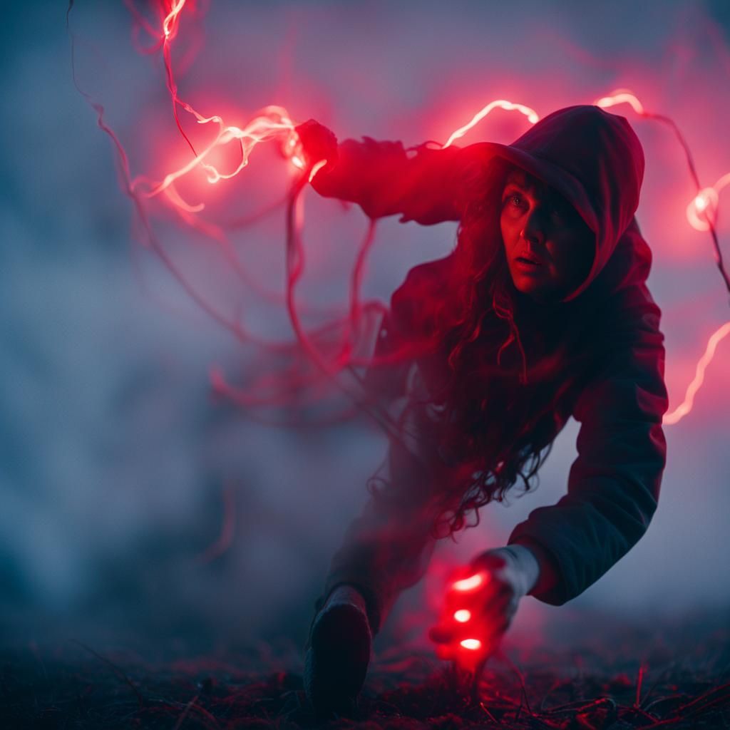 Eerie Figure Emitting Red Electricity in Fog