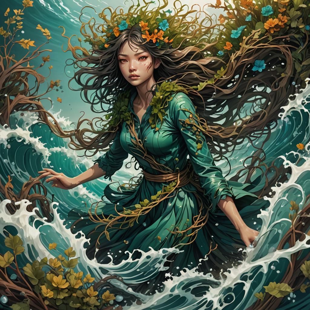 Sea Grass Monster Girl Rising from Ocean Wave