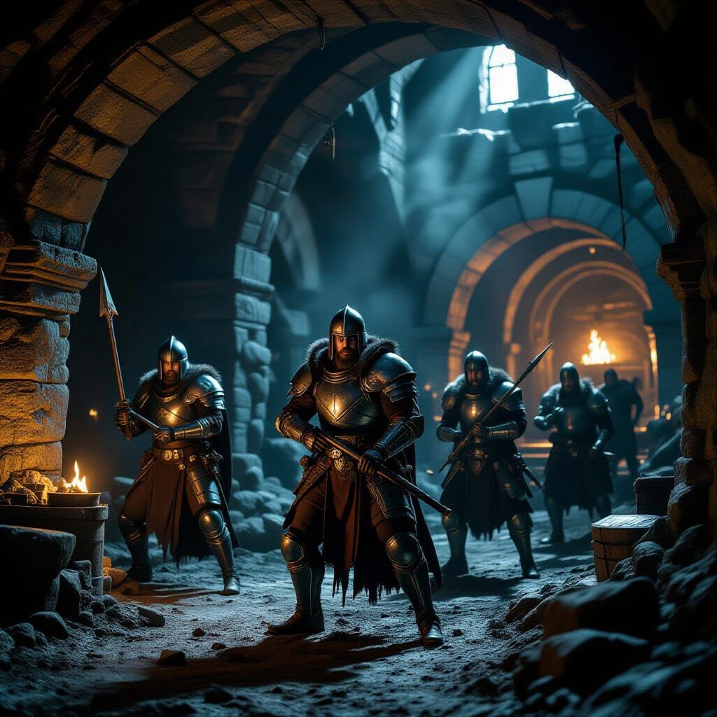 Adventurers Battle Monsters in Cinematic Dungeon Exploration