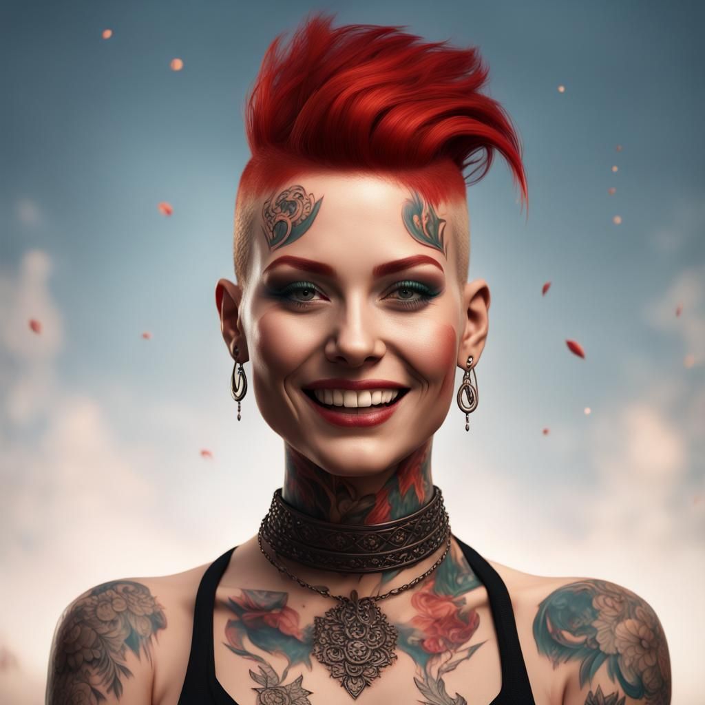 Woman with Red Mohawk and Tattoo Sleeve