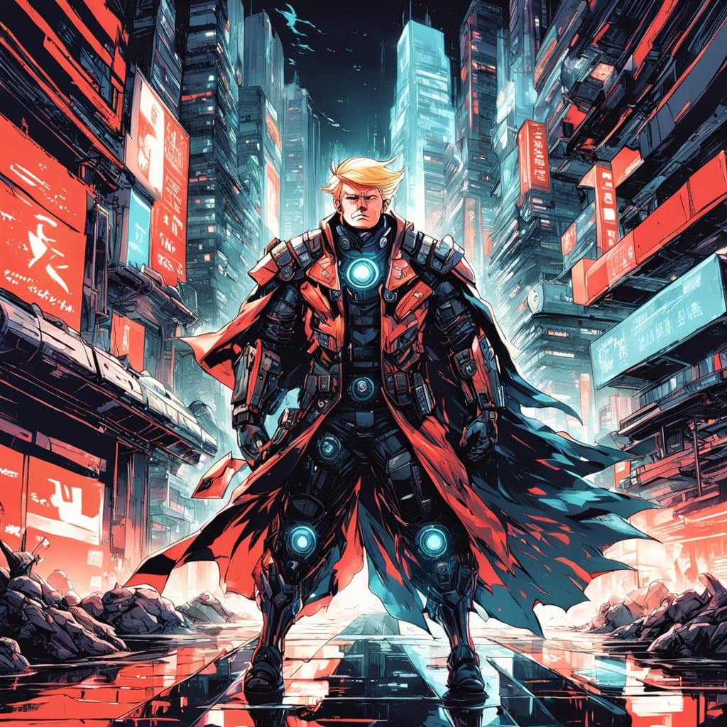 Futuristic Donald Trump in Neon-Lit Cityscape
