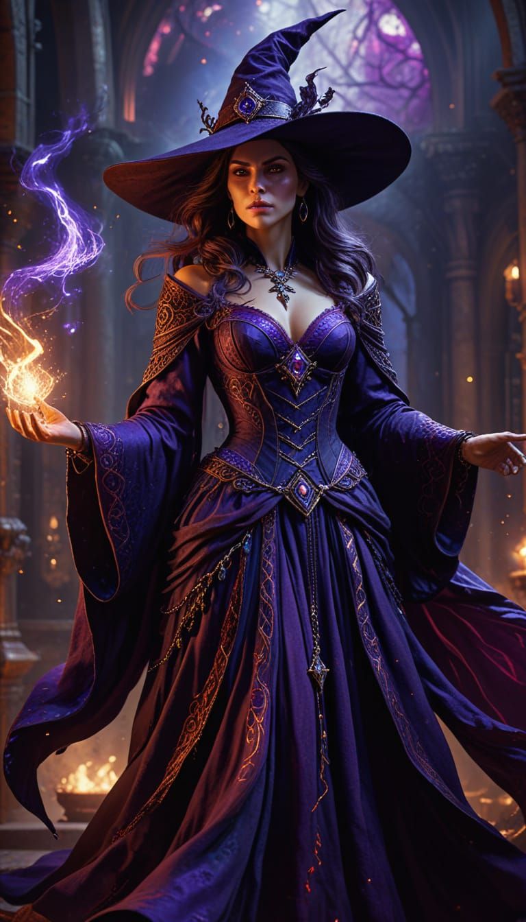 Witch Commanding Raw Energy in Mystical Atmosphere