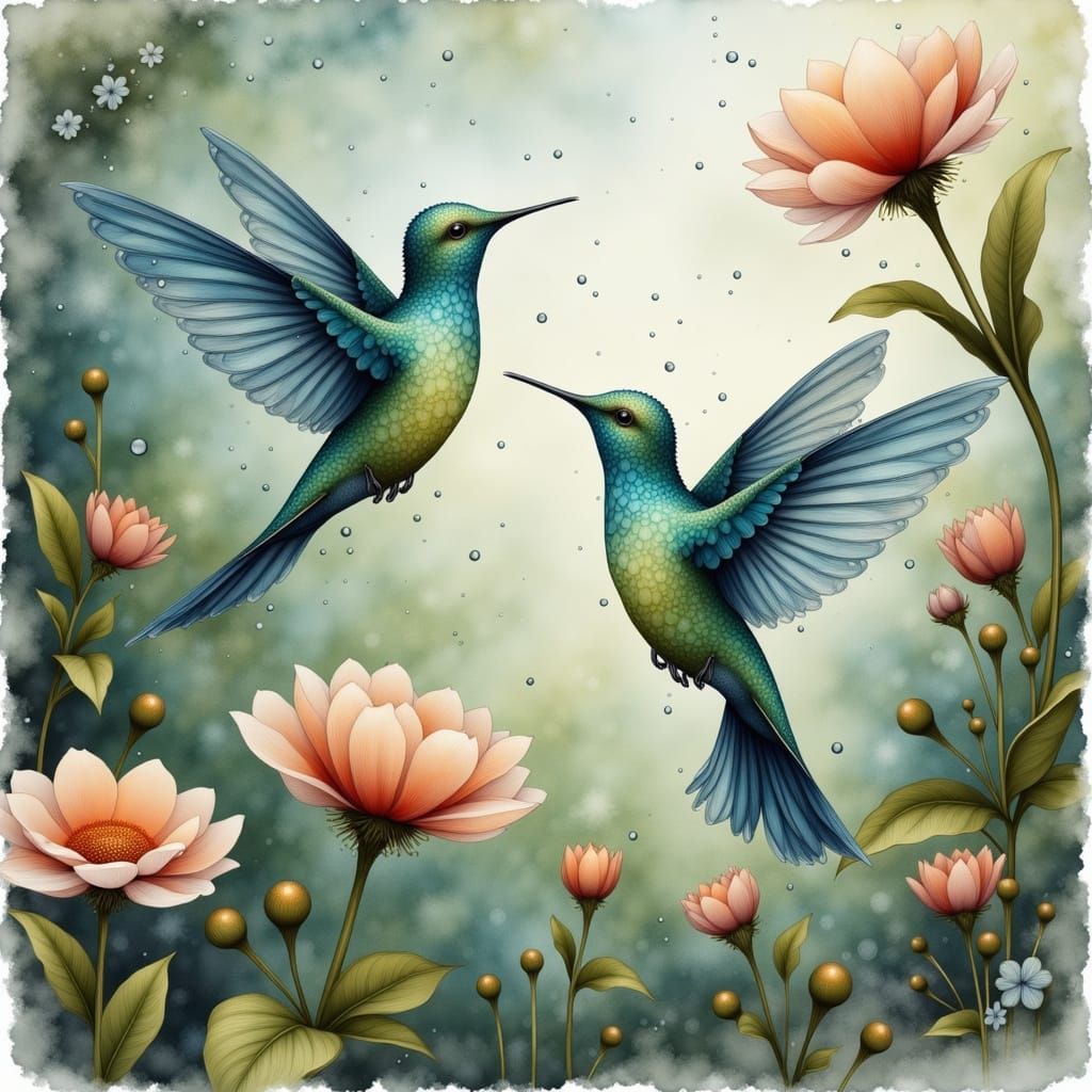 Hummingbirds in Watercolour with Glistening Dewdrops