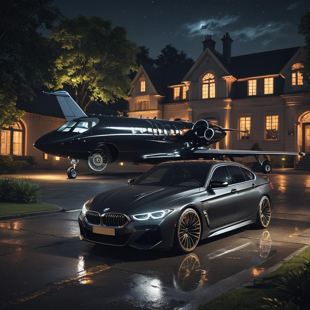 BMW and Private Jet at Night with Neon Lights