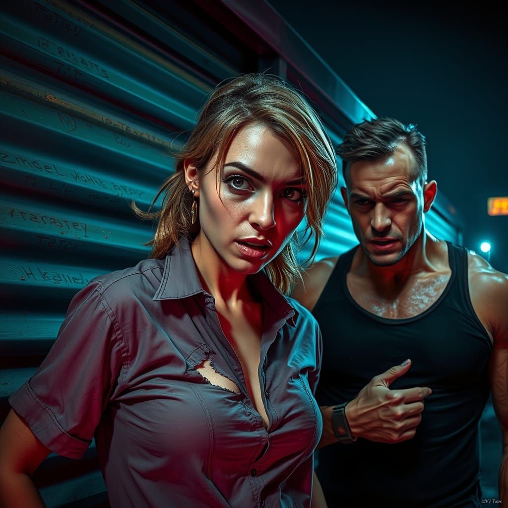 Woman and Man in Gritty Cyberpunk Scene