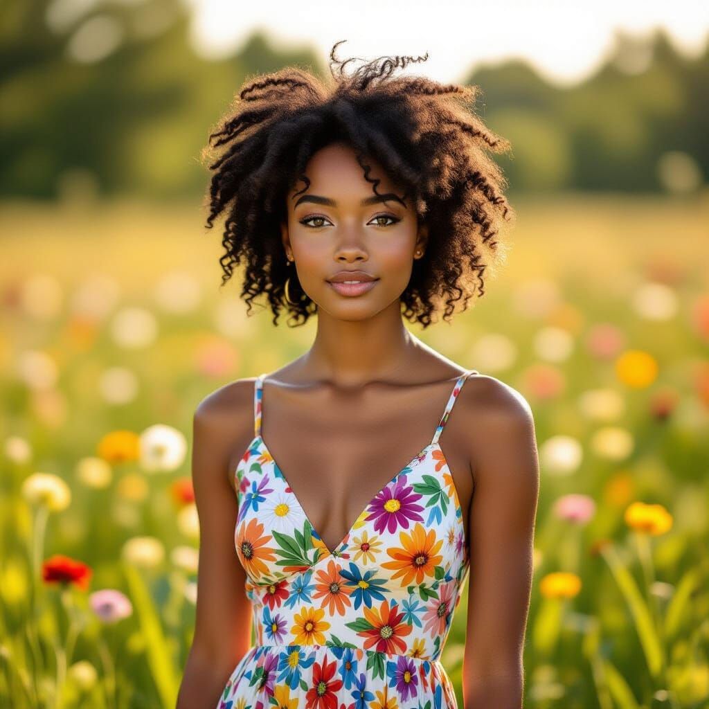 Black Teen Girl in Wildflower Meadow: Photorealistic Portrai...