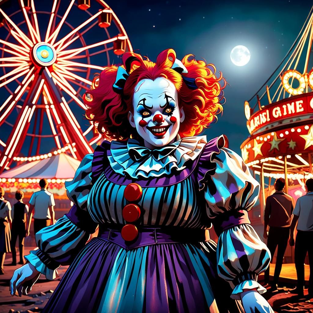Eerie Overweight Clown in Abandoned Carnival, Anime Style