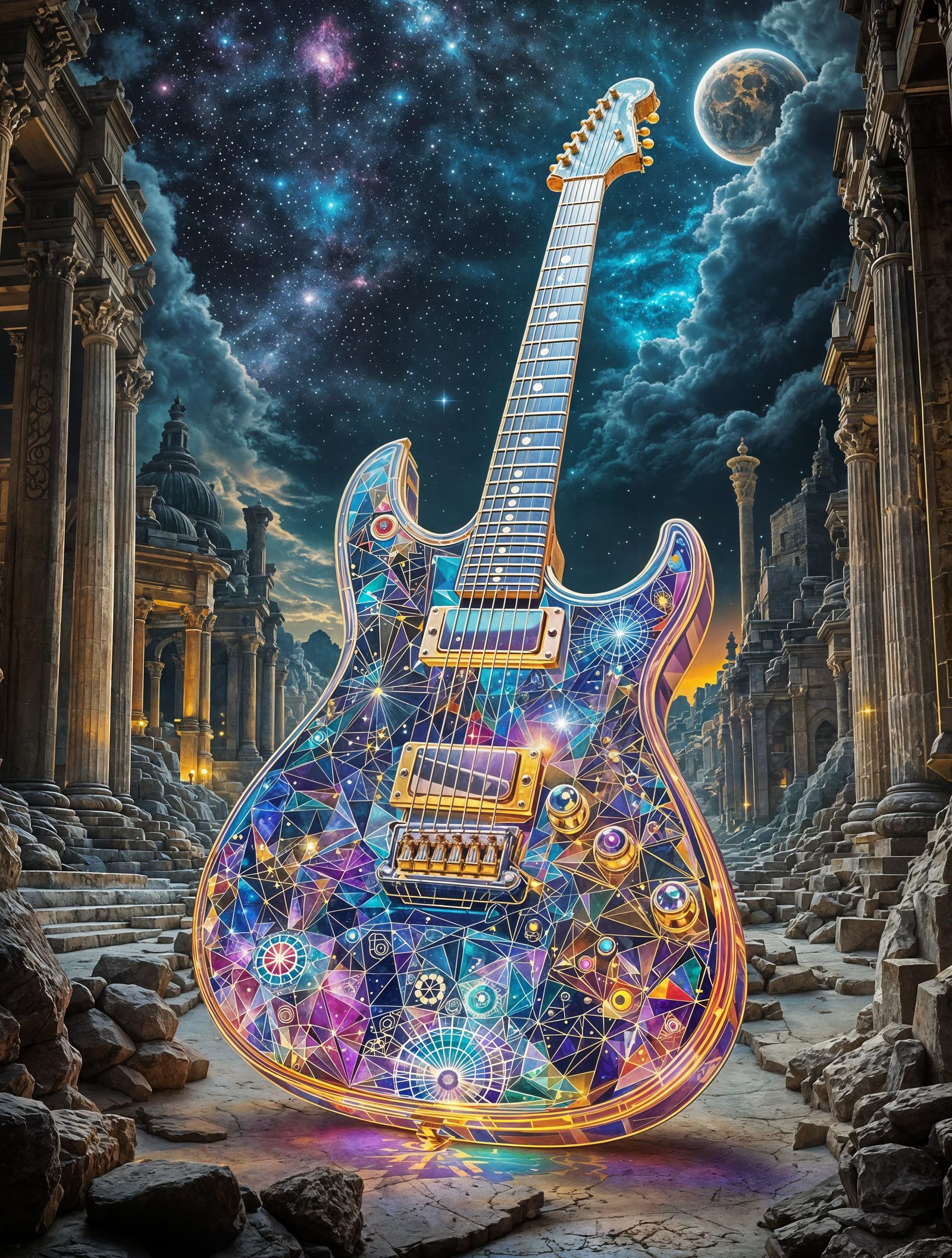 Surreal Cosmic Guitar in Cyberpunk Landscape