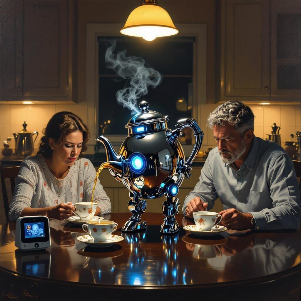 Futuristic Cyborg Teapot Pours Tea for Exhausted Parents