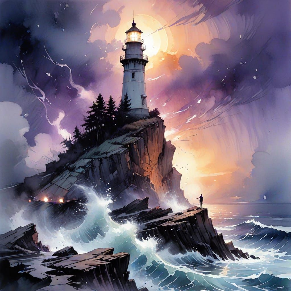 Lighthouse at Dusk: Watercolor Art