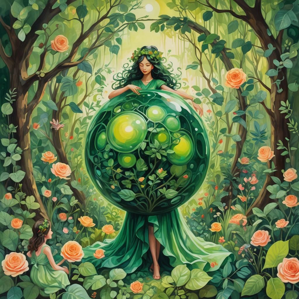 Girl with Green Orb in Impressionist Gouache Style