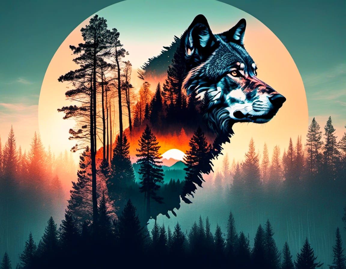 DOUBLE EXPOSURE - Sioux_warrior+sunset double exposure art  ::  Wolf+forest