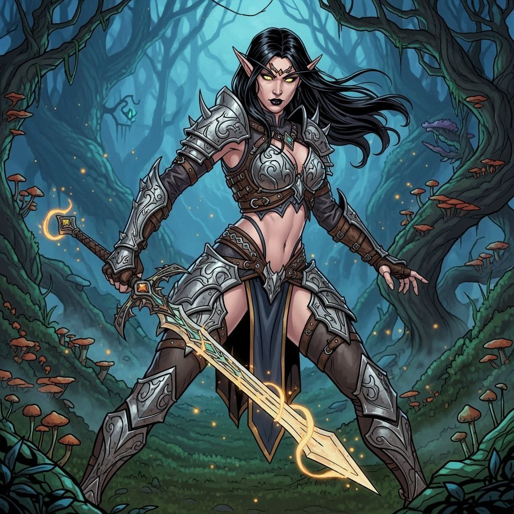 Gothic Elf Warrior Wields Glowing Sword in Mystical Forest