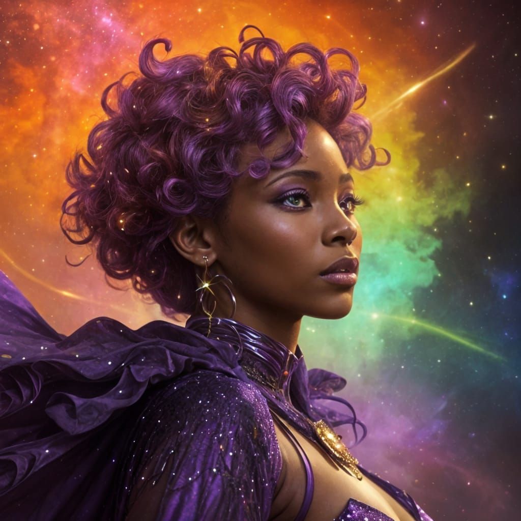 Galactic African Woman with Space Magic in Action Painting