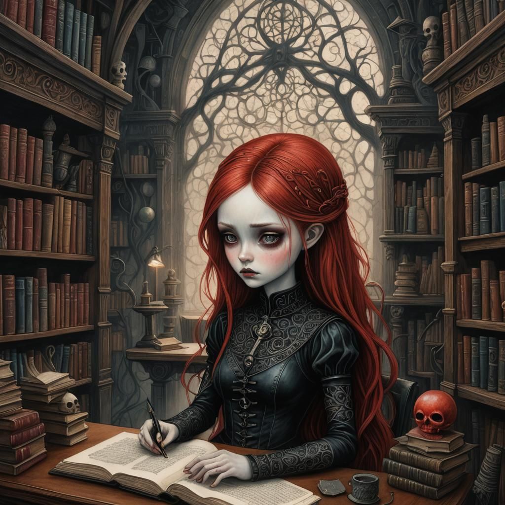 Gothic Fairytale Girl in Mystical Library: Charcoal Art