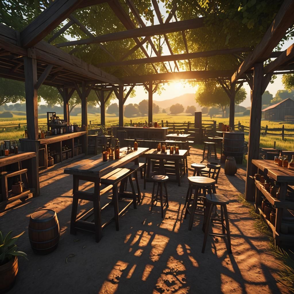 Farm Open Bar at Sunset in 3D Render Style