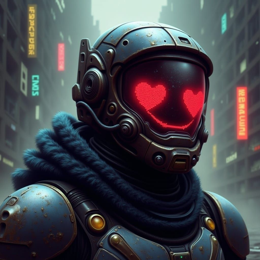 Futuristic Figure with Heart Mask in Dystopian City