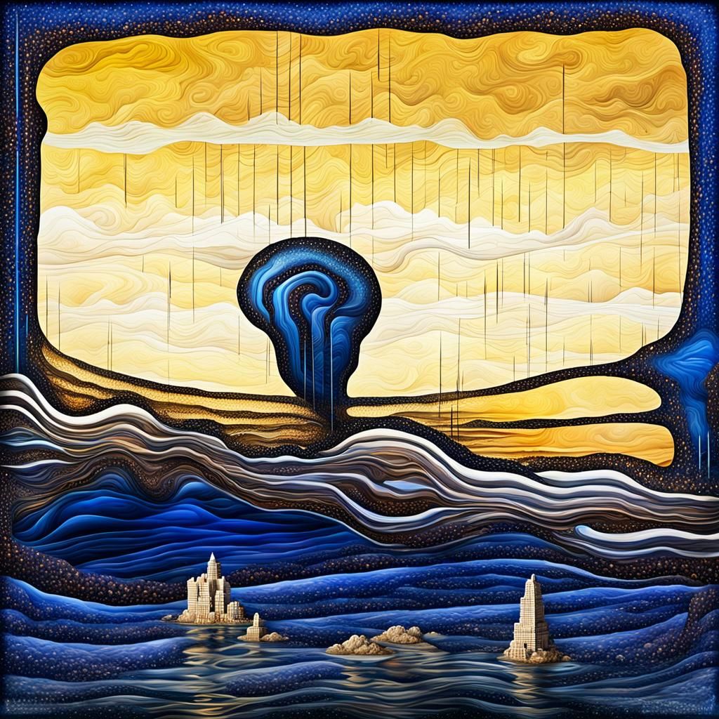 Dreamy Abstract Skyline with Water and 3D Objects
