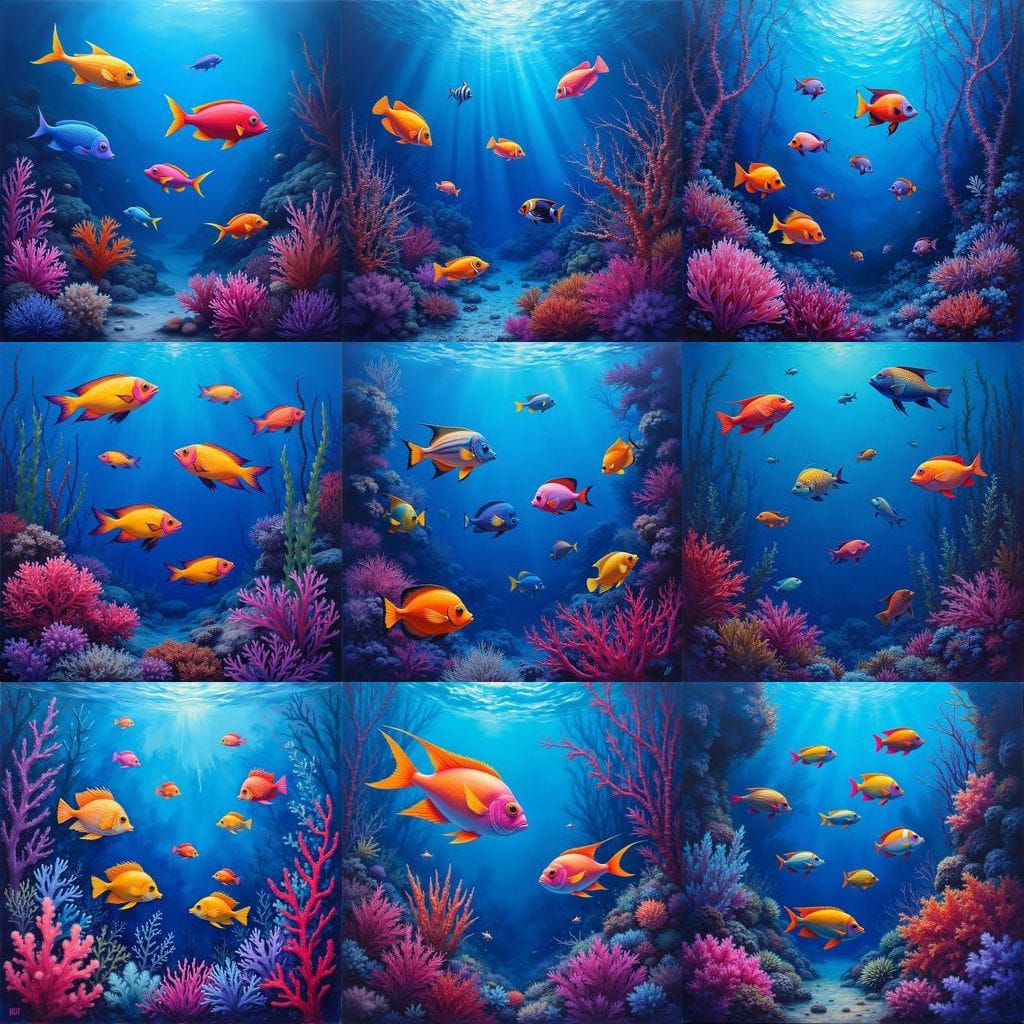 Neon Tropical Fish and Coral Reef Painting