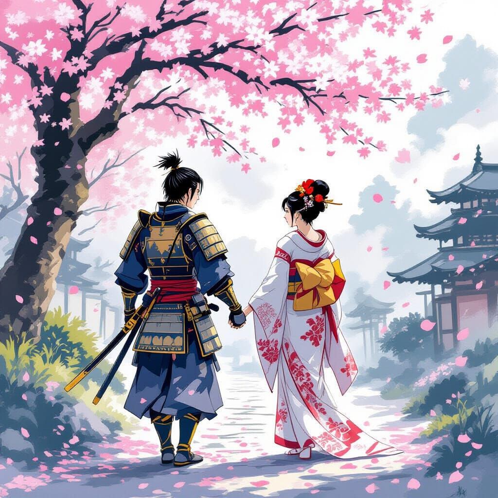 Samurai Lord and Wife Under Cherry Tree