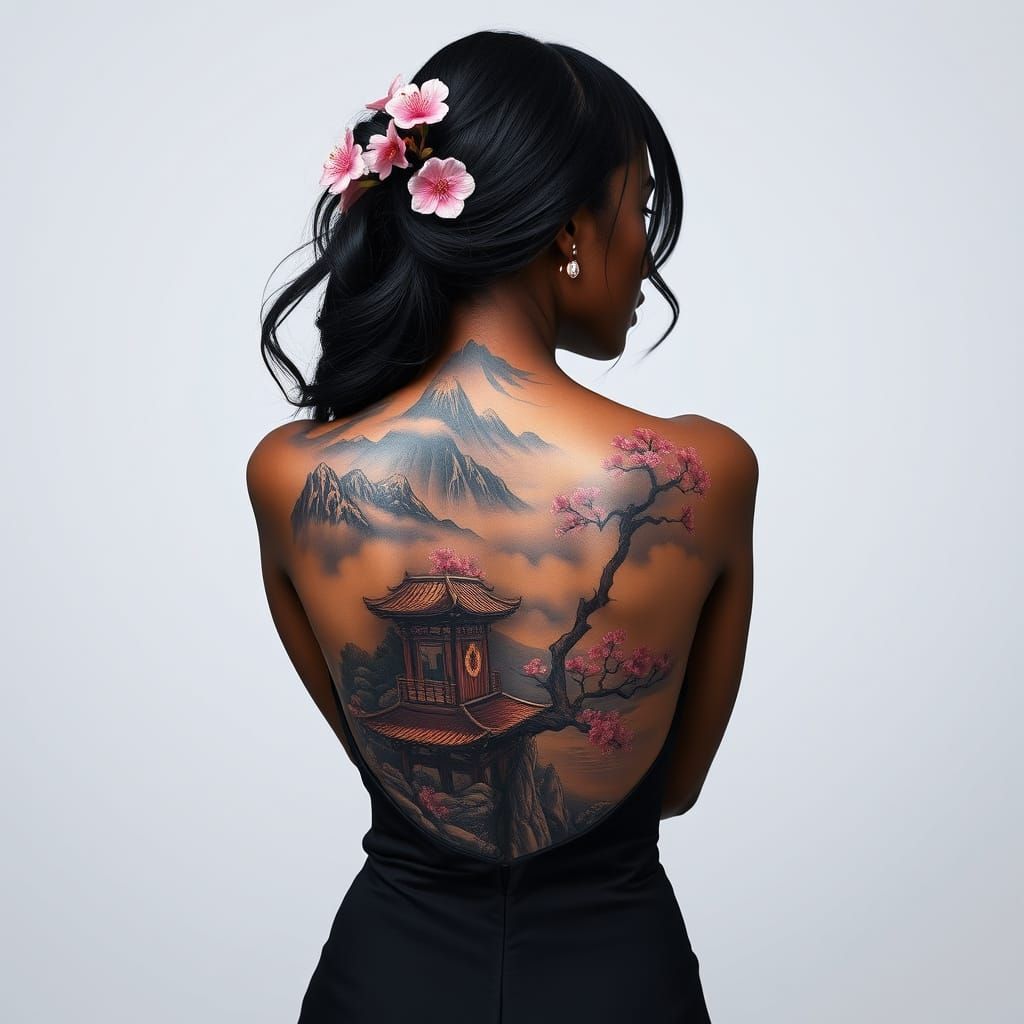 Sleek Dark Skinned Woman Reveals Chinese Landscape Tattoo