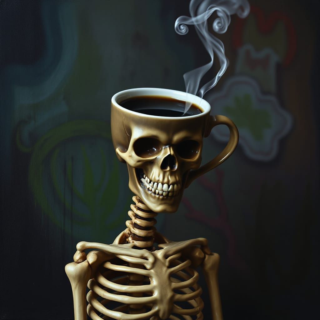 Surreal Skeleton with Coffee Cup Head in Magritte & Bosch St...